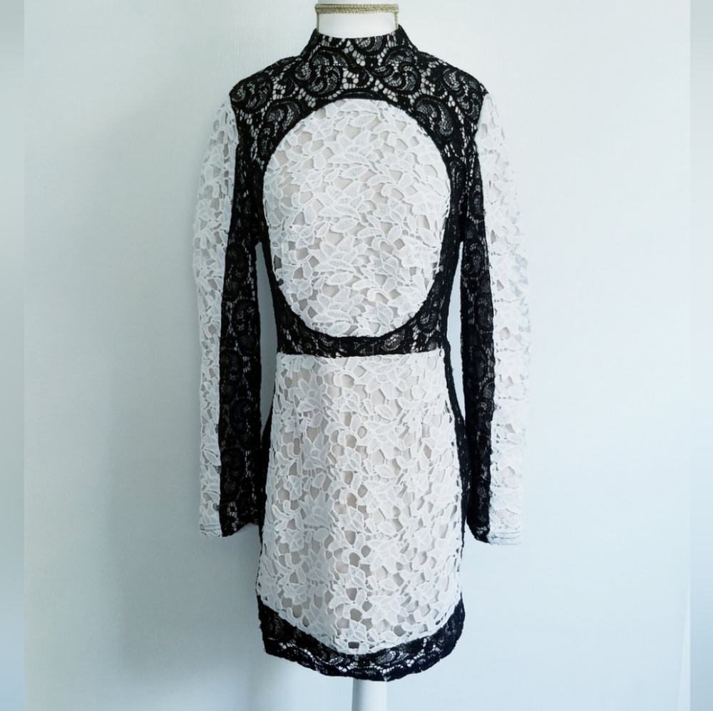 Missguided High Neckline Long Sleeve Lace Dress in Black and White